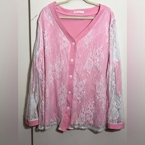 Rosegal Pink Sheer Floral Lace Long Sleeve Top Size 5x